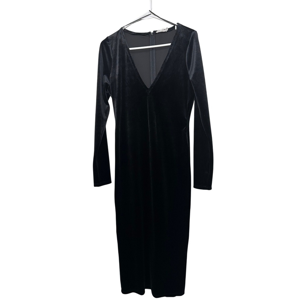 Good American Black Velvet V-Neck Long Sleeve Midi Dress‎ GDK0075 Size 2